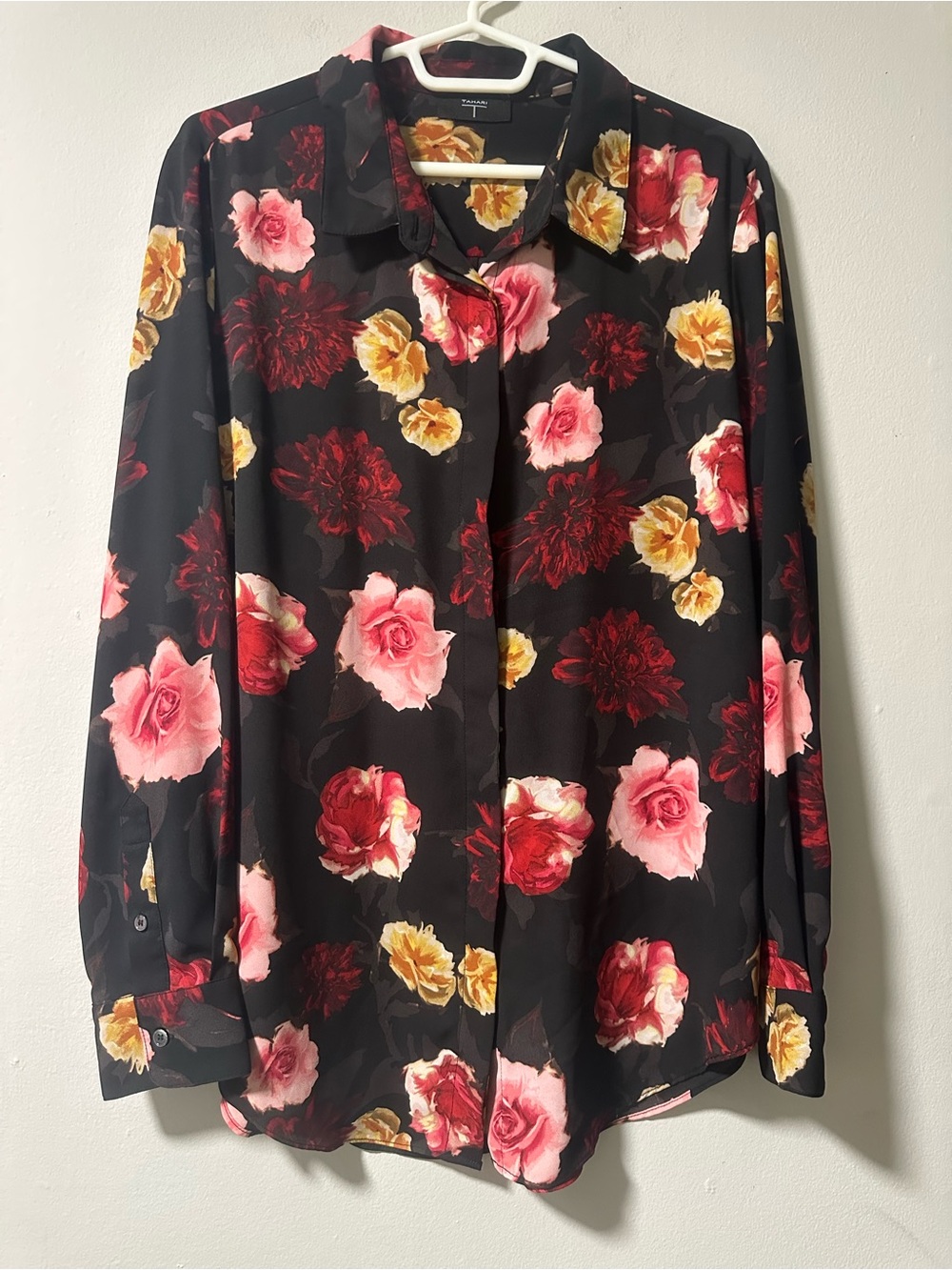 Tahari Long Sleeve Button-Down Blouse in Black Floral
Print